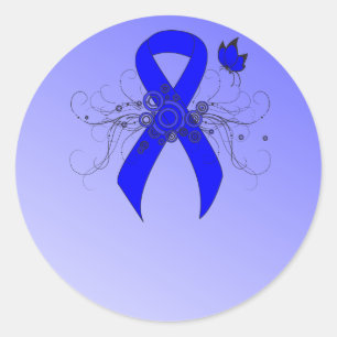 Blue Awareness Ribbon with Butterfly Classic Round Sticker