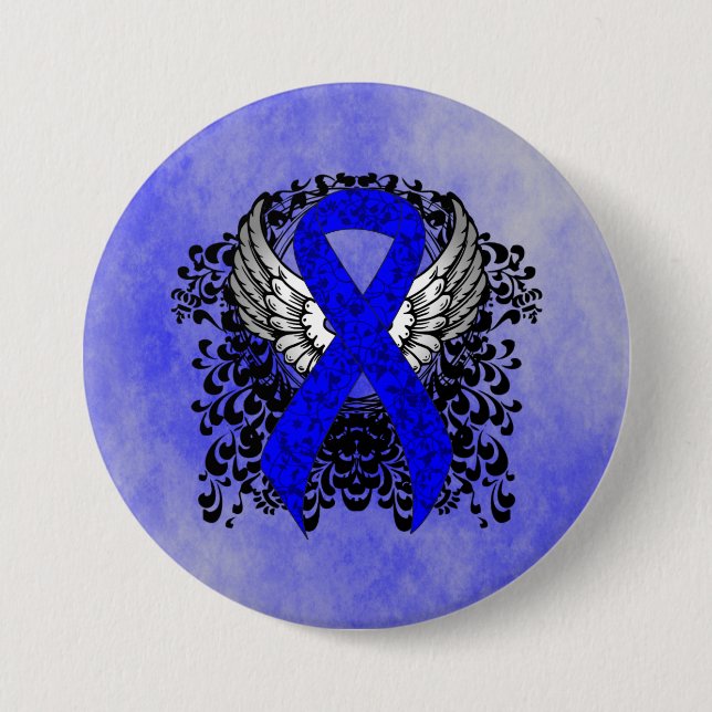Blue Awareness Ribbon with Wings 7.5 Cm Round Badge (Front)