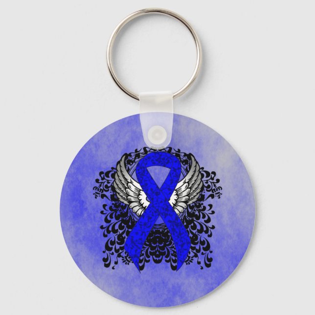 Blue Awareness Ribbon with Wings Key Ring (Front)