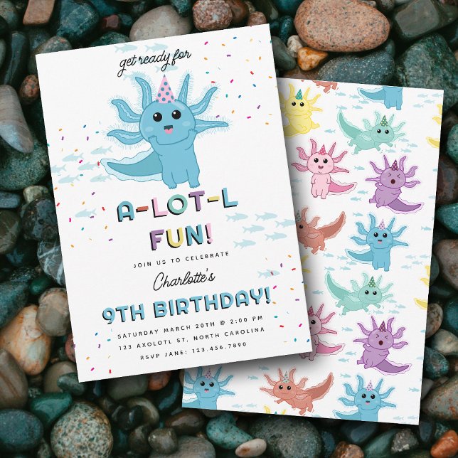 Blue Axolotl Kids Cute Salamander Birthday Party Invitation (Blue Axolotl Kids Cute Salamander Birthday Party Invitation)