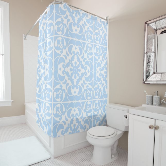  Blue Azulejos Portuguese Spanish Mediterranean Shower Curtain (In Situ)