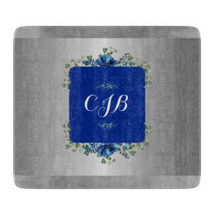 Blue Azure Bloom: Metallic Silver Floral  Cutting Board