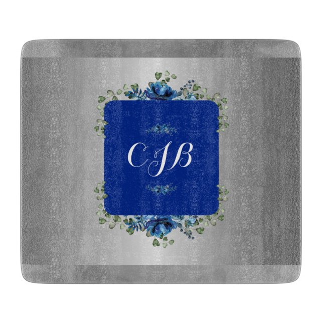 Blue Azure Bloom: Metallic Silver Floral  Cutting Board (Front)