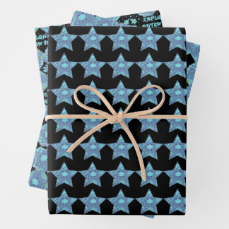 Blue Baby Alien Stars and Planets Patterns Wrapping Paper Sheet