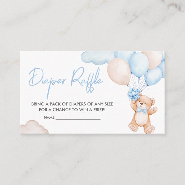Blue Baby Bear Balloon Baby Shower Diaper Raffle Enclosure Card (Front)