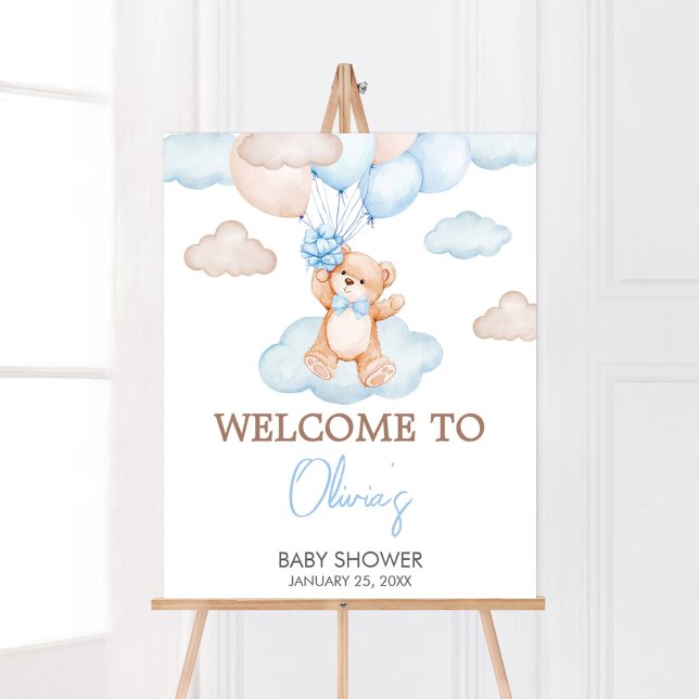 Blue Baby Bear Balloon Baby Shower Welcome Poster (Blue Bear Balloon Baby Shower Welcome Sign)