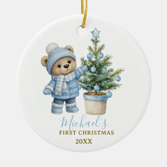 Blue Baby Bear First Christmas Keepsake Ceramic Tree Decoration (Front)