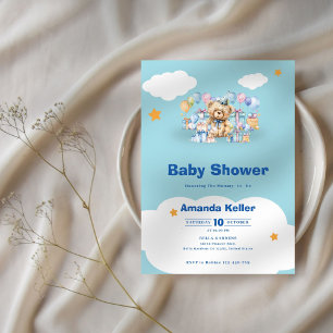 Blue Baby Bear in the Clouds Baby Shower Invitation