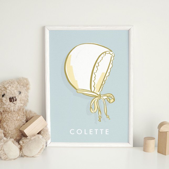 Blue Baby Bonnet Personalised Kids Name Art Poster (Personalized kid's name baby bonnet art print poster on a mint blue background.)
