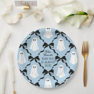 Blue Baby Boo Almost Due Ghosts and Black Bows Paper Plate