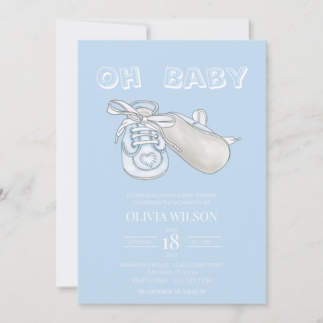Blue Baby Bootie Watercolor Baby Shower Invitation (Front)