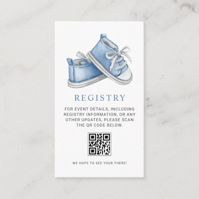 Blue Baby Booties Baby Shower QR Code Registry Enclosure Card (Front)