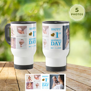 Blue Baby Boy 1st Mother's Day 5 Photo Collage Travel Mug