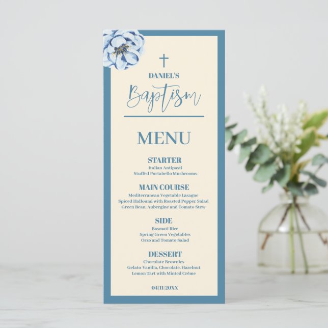 Blue Baby Boy 4x9 Baptism Menu Card (Standing Front)