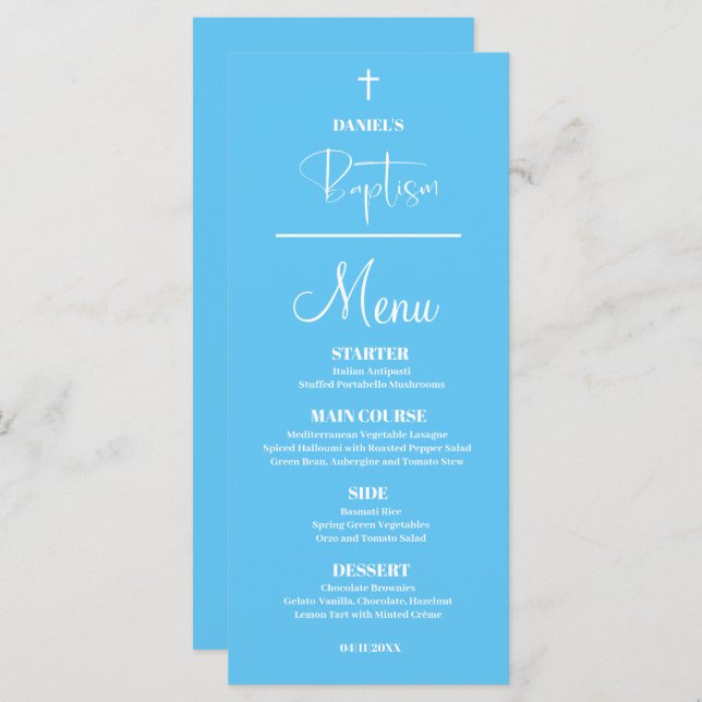 Blue Baby Boy 4x9 Baptism Menu Card (Front/Back)