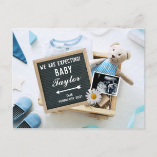 Blue Baby Boy Bear Pregnancy Announcement Postcard
