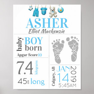 Blue Baby Boy Birth Stat Sign with Footprint
