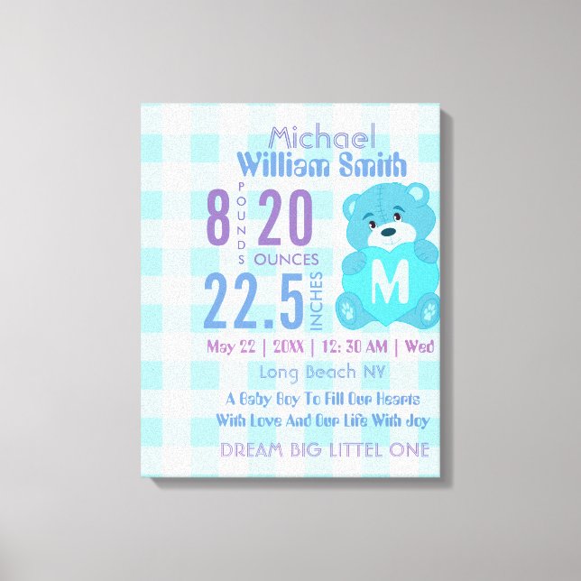 Blue baby boy birth stats wall decor art (Front)