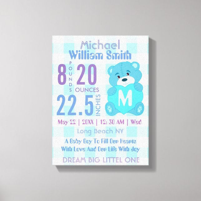 Blue baby boy birth stats wall decor art (Front)