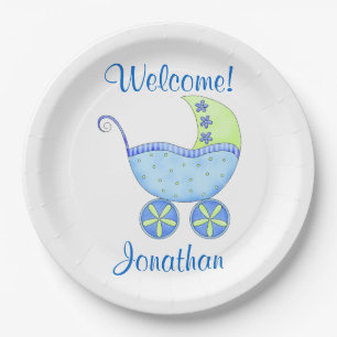 Blue Baby Boy Buggy Welcome Name Personalised Paper Plate