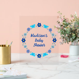 Blue Baby Boy Butterflies and Flowers Baby Shower Acrylic Sign