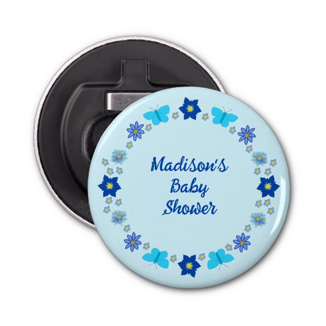 Blue Baby Boy Butterflies and Flowers Baby Shower Bottle Opener (Front)