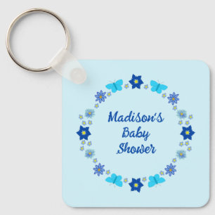 Blue Baby Boy Butterflies and Flowers Baby Shower Key Ring