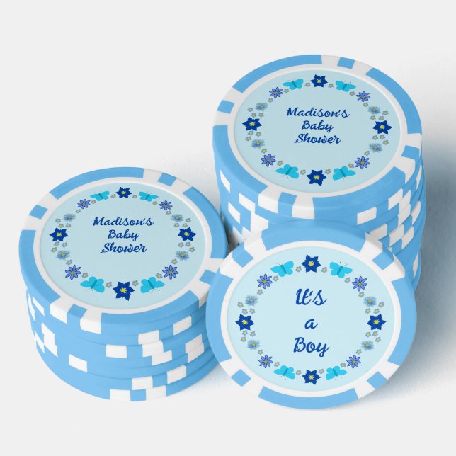 Blue Baby Boy Butterflies and Flowers Baby Shower Poker Chips (Stack)