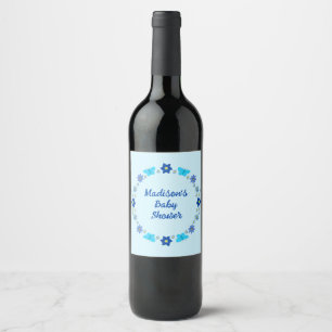 Blue Baby Boy Butterflies and Flowers Baby Shower Wine Label