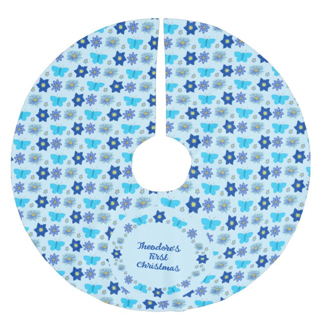 Blue Baby Boy Butterflies and Flowers Custom Brushed Polyester Tree Skirt (Front)