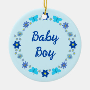 Blue Baby Boy Butterflies and Flowers Custom Ceramic Tree Decoration