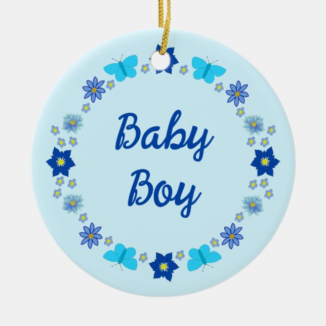 Blue Baby Boy Butterflies and Flowers Custom Ceramic Tree Decoration (Front)