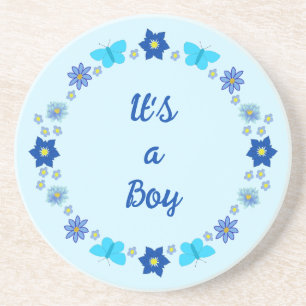 Blue Baby Boy Butterflies and Flowers Custom Coaster