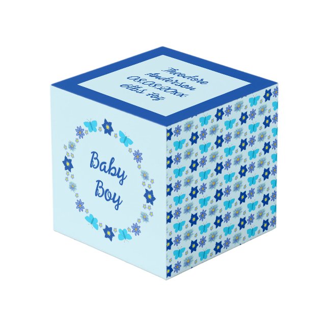 Blue Baby Boy Butterflies and Flowers Custom Cube (Front Angled)