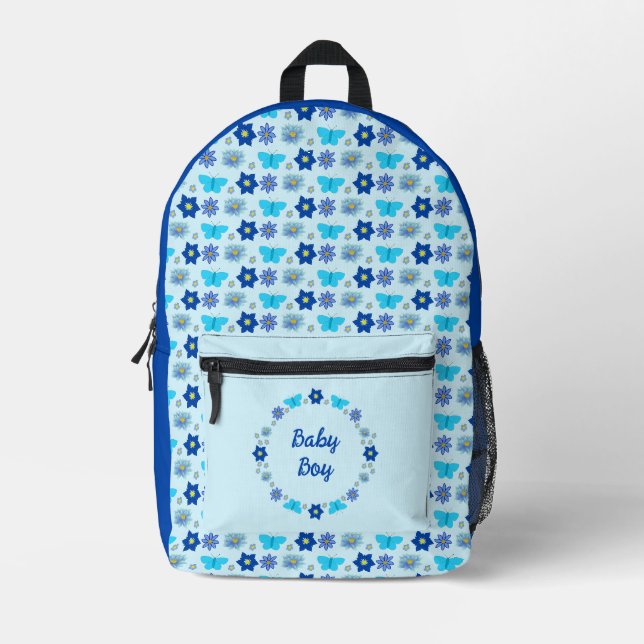 Blue Baby Boy Butterflies and Flowers Custom Printed Backpack (Front)