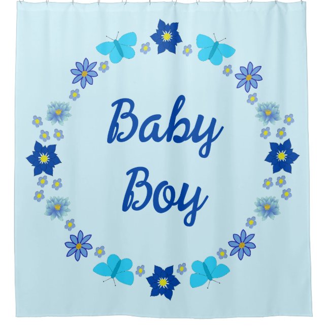 Blue Baby Boy Butterflies and Flowers Custom Shower Curtain (Front)