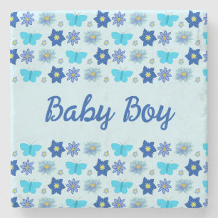 Blue Baby Boy Butterflies and Flowers Custom Stone Coaster