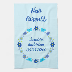 Blue Baby Boy Butterflies and Flowers Custom Tea Towel