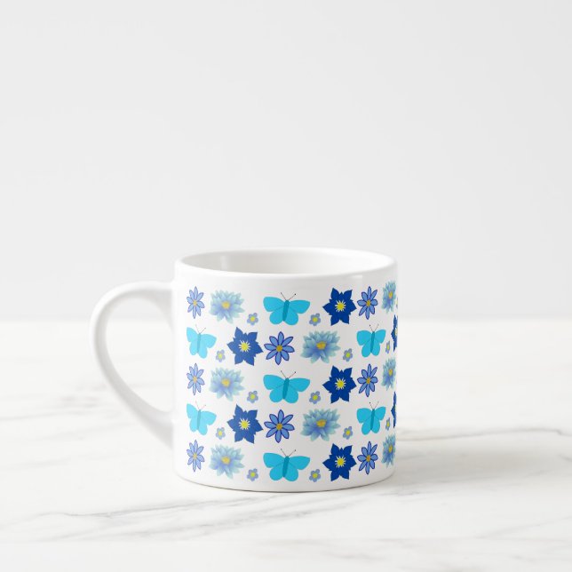 Blue Baby Boy Butterflies and Flowers Patterned Espresso Cup (Left)