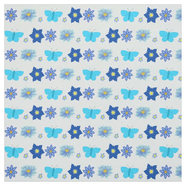 Blue Baby Boy Butterflies and Flowers Patterned Fabric (Swatch)