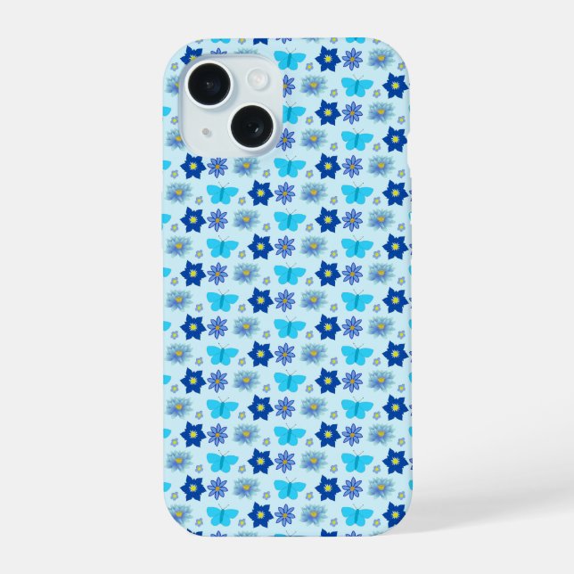 Blue Baby Boy Butterflies and Flowers Patterned iPhone 15 Case (Back)