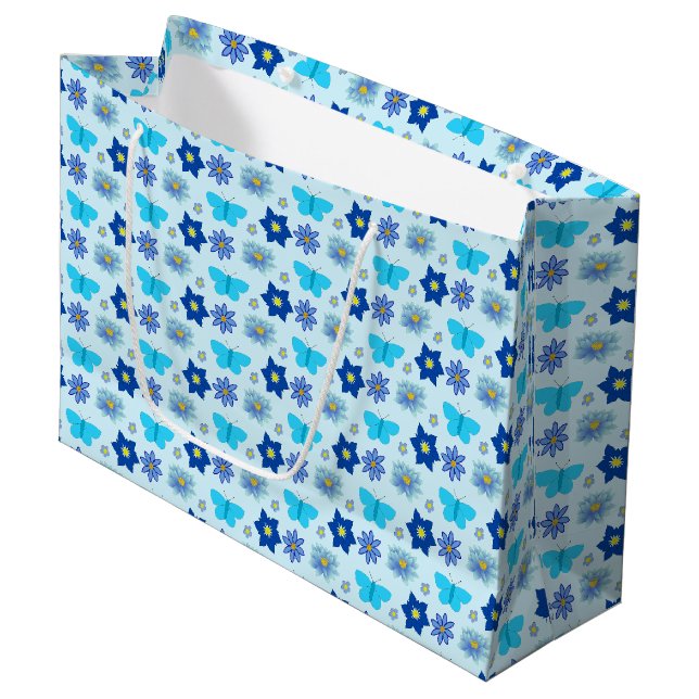 Blue Baby Boy Butterflies and Flowers Patterned Large Gift Bag (Front Angled)