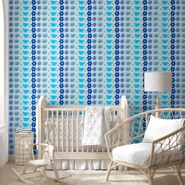 Blue Baby Boy Butterflies and Flowers Patterned Wallpaper (Kids)