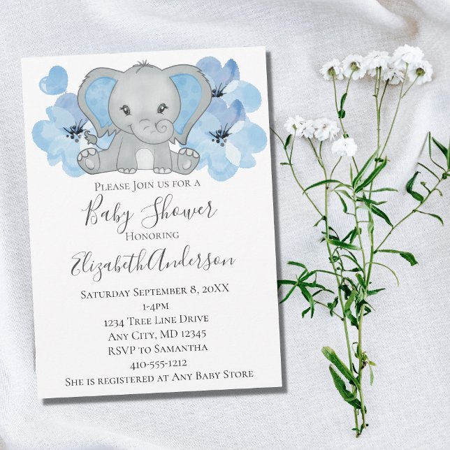 Blue Baby Boy Elephant Baby Shower Flowers Balloon Invitation (Creator Uploaded)