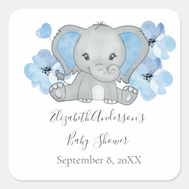 Blue Baby Boy Elephant Baby Shower Flowers Balloon Square Sticker (Front)
