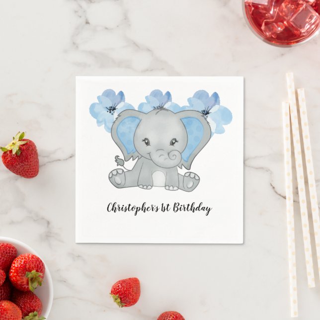Blue Baby Boy Elephant Flowers Birthday Napkin (Insitu)