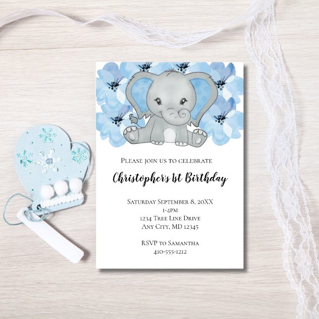 Blue Baby Boy Elephant Flowers First Birthday  Invitation (Blue Elephant and Flowers Baby Boy 1st Birthday Invitation.)