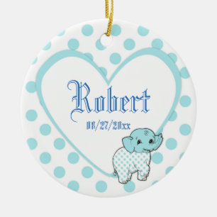 Blue Baby Boy Elephant Heart and Polka Dots Ceramic Tree Decoration