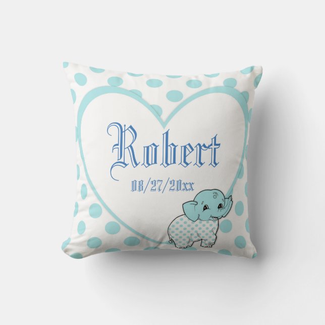 Blue Baby Boy Elephant Heart and Polka Dots Cushion (Front)