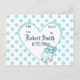 Blue Baby Boy Elephant Heart and Polka Dots Postcard